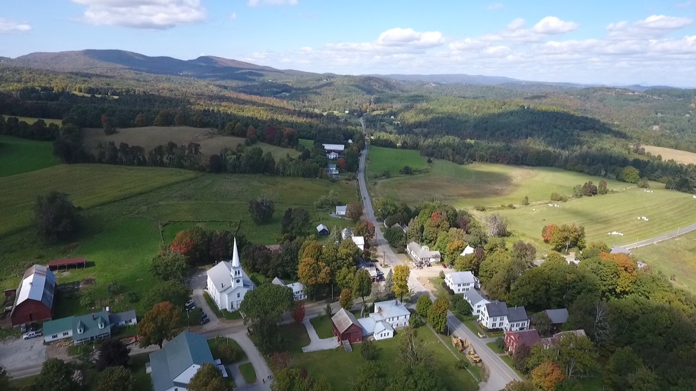 Aerial view of Peacham village in fall